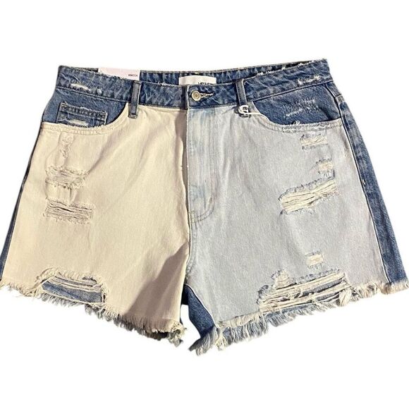 Vervet Womens Blue Denim Rebecca Colorblock Distressed High-Rise Shorts XL NWT - Picture 1 of 7